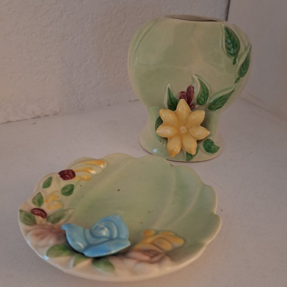 Vintage Zanesville Ohio Pottery Ceramic Trinket Dish 2 PC Dresser Set Green